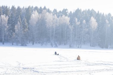 Ormanın yakınındaki bir gölde balıkçılar sabah kışın balık tutarlar.