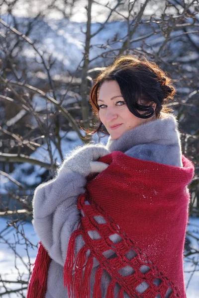 Beautiful Adult Woman Fur Coat Shawl Nature Winter — Stock Photo, Image