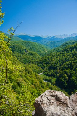 Ormanla kaplı güzel yeşil dağlar ve açık güneşli bir havada mavi gökyüzü