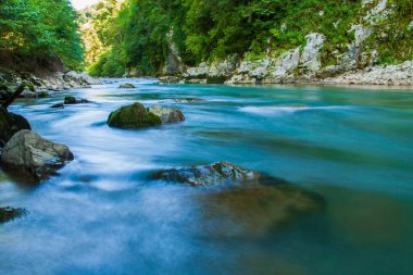 Taşlar ve ağaçlar arasında turkuaz renkli güzel bir dağ nehri.