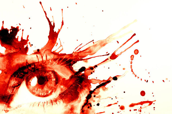 abstract drawing of a bloody eye with smudges and splashes on a white background