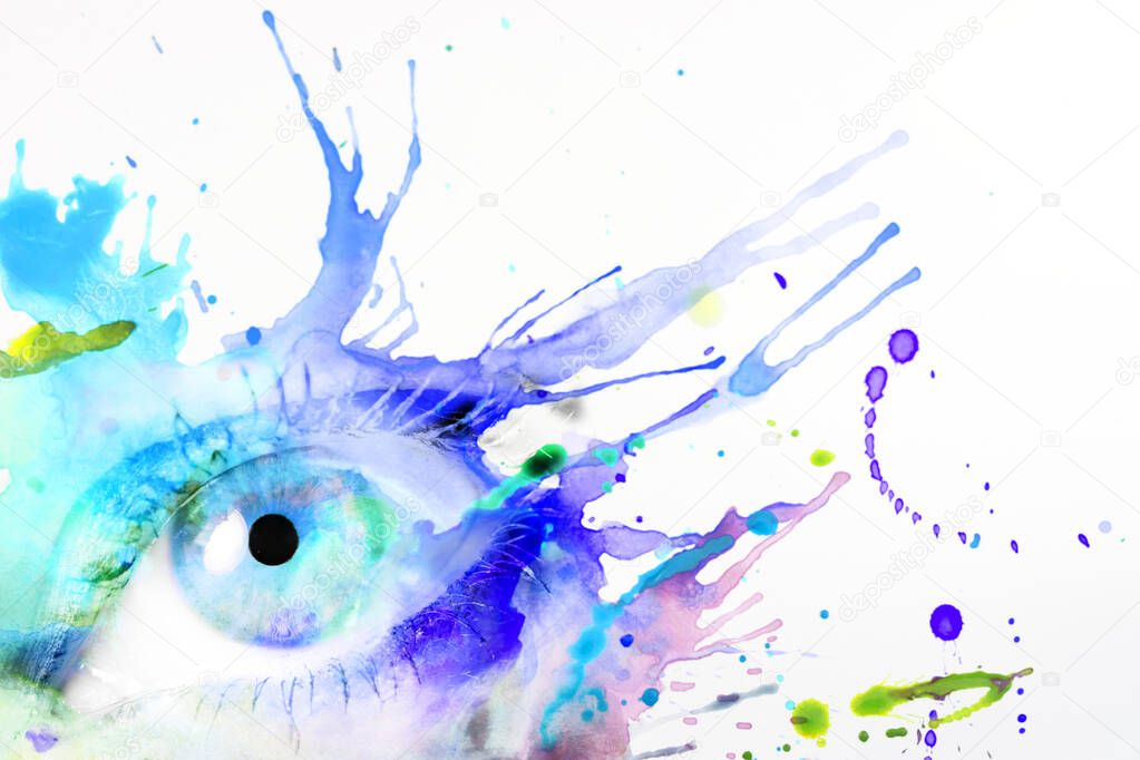 beautiful painted watercolor eye and paint splatter on white