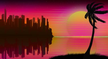 Güneşli bir gökyüzünde gün batımına sahip güzel bir arka plan ve palmiye ağacından silueti olan bir plaj ve retrodalga tarzında uzak bir şehir.