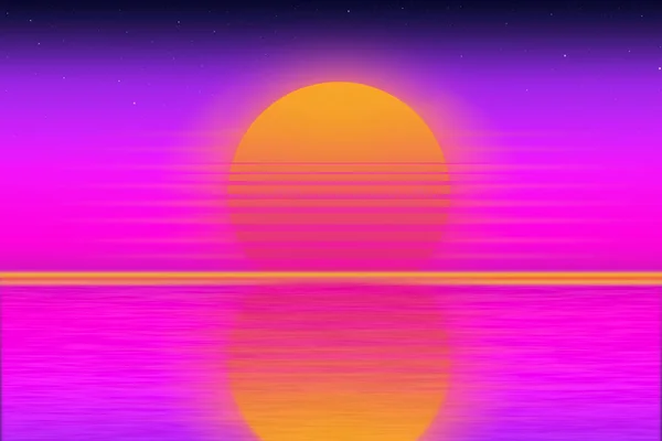 Schöner Hintergrund Mit Sonnenuntergang Neon Himmel Retrowave Stil Und Wate — Stockfoto