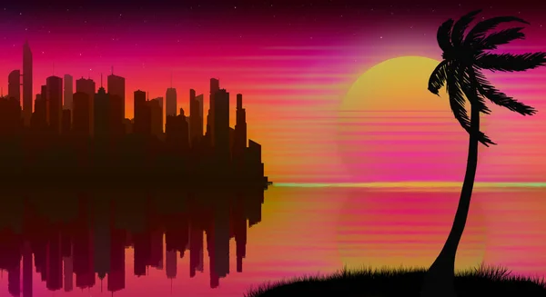 Schöner Hintergrund Mit Einem Sonnenuntergang Neonfarbenen Himmel Und Einem Strand — Stockfoto