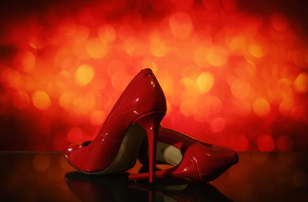 Beautiful Patent Glossy Female Red Stiletto Heels Blurred Background Bokeh — Photo