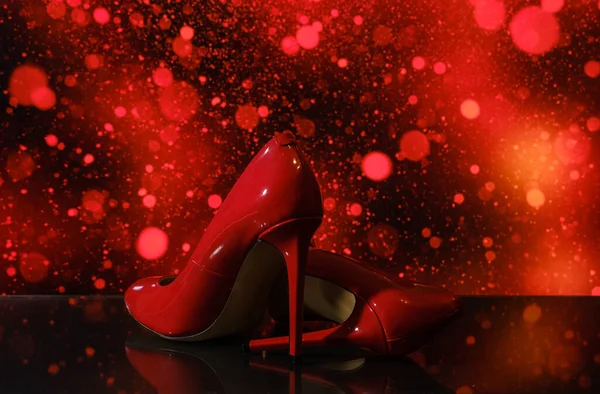 Beautiful Patent Glossy Female Red Stiletto Heels Blurred Background Bokeh — Photo