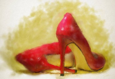 Güzel, deri, parlak kadın, kırmızı topuklu ayakkabılar suluboya ile boyanmış sarı bir arka plan.