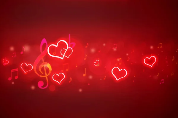Glühende Noten Und Herzen Auf Rotem Hintergrund Mit Bokeh — Stockfoto