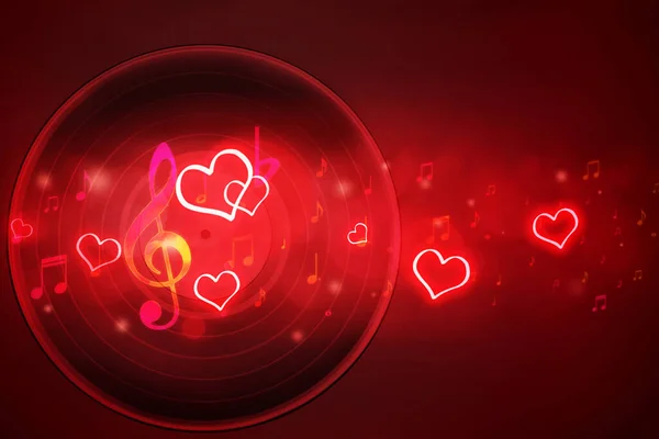 Old Vinyl Record Hearts Music Notes Red Background Boke — Stock Photo, Image