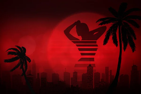 Beautiful Silhouette Woman Background Evening Sun City Palm Trees Stock Photo