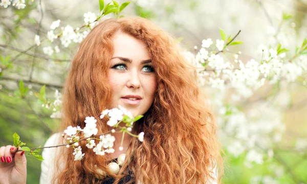 Woman and cherry blossoms — Stock Photo, Image