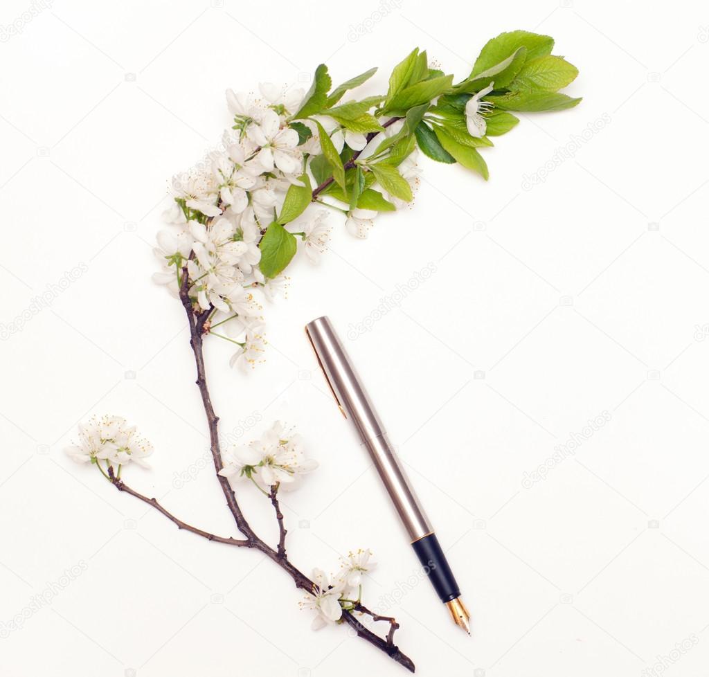 pen and cherry blossoms