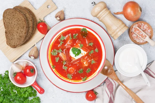 Beetroot Tomato Soup Red Borscht Sour Cream Rye Bread Parsley — Stock Photo, Image