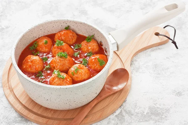 Homemade Chicken Turkey Meatballs Rice Tomato Sauce Parsley Pot Gray — Stock Photo, Image