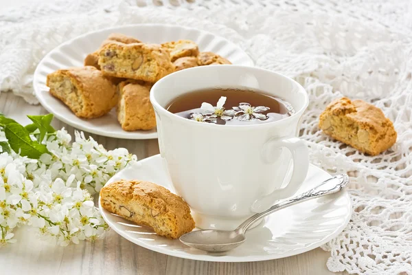 Taza de té de cereza y pájaro — Foto de Stock