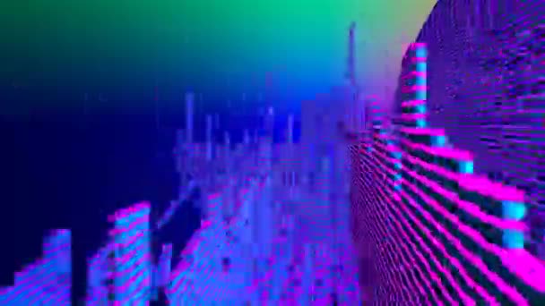 Fly In to bring Neon 80s Fantasy Scifi Cybertech Tech Columns — Stock video