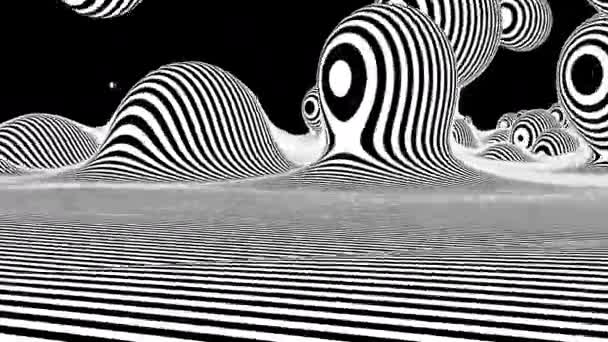 フローティングスフィアを持つモノクロームラインの奇妙な風景を飛び越える — ストック動画