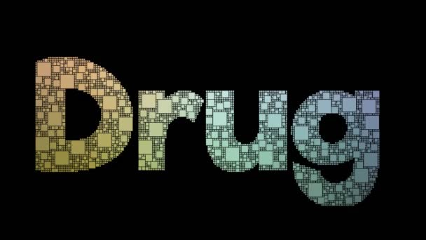 Drugsverslaafde Pixelated Tekst Samenvoegen Looping Boxes Met Glitch Effect — Stockvideo