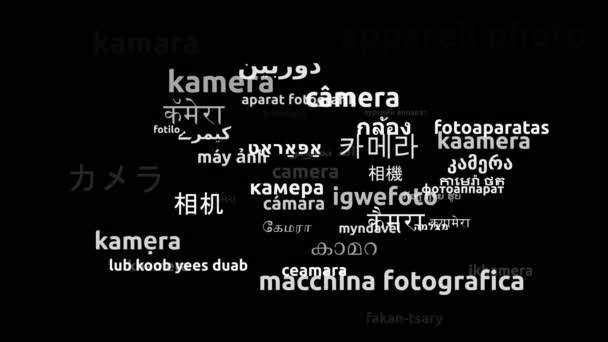 Macchina Fotografica Tradotta Lingue Tutto Mondo Looping Infinito Zoom Wordcloud — Video Stock