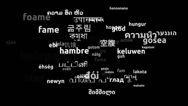 饥饿被翻译成72种世界语言无休止的循环3D缩放Wordcloud掩蔽 — 图库视频影像