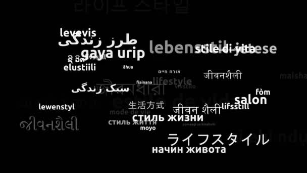 翻译成46种世界语言的生活方式无休止地循环3D缩放Wordcloud掩蔽 — 图库视频影像