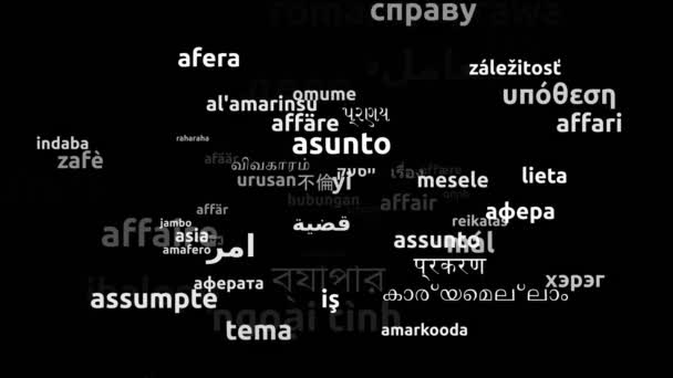 Affair Oversat Hele Verden Sprog Endless Looping Zooming Wordcloud Mask – Stock-video