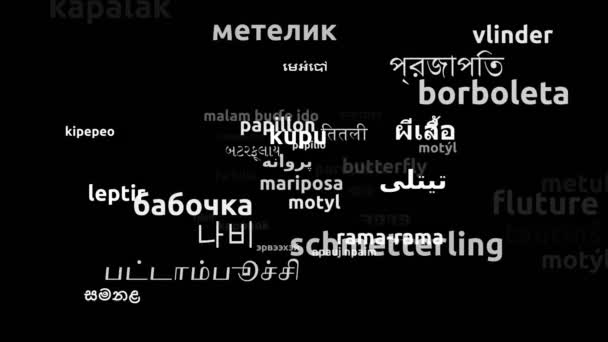 Farfalla Tradotta Lingue Tutto Mondo Looping Infinito Maschera Wordcloud Zoom — Video Stock