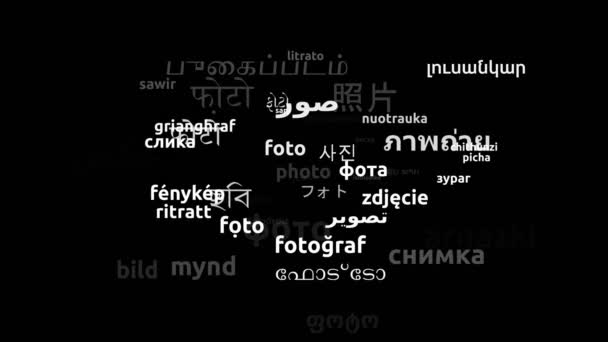 Photo Translated Worldwide Languages Endless Looping Zoom Wordcloud Mask — Stock video