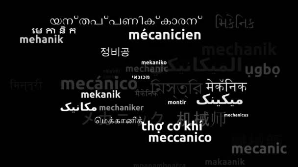 Mechanic Translated Worldwide Languages Endless Looping Zooming Wordcloud Mask — Stock Video