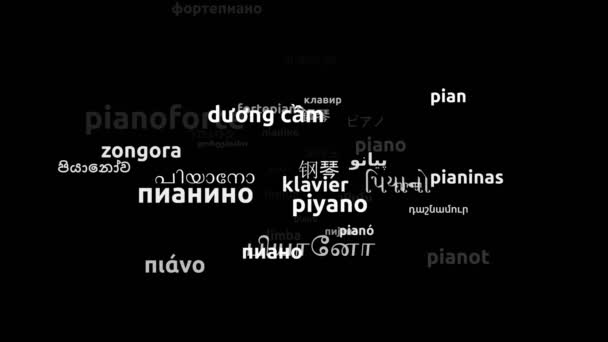 Піаніно Перекладено Мовами Світу Нескінченна Петля Збільшення Wordcloud Mask — стокове відео