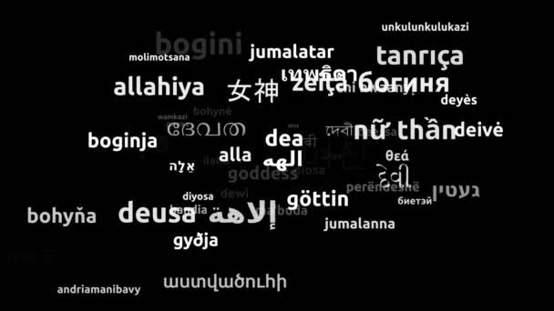 Göttin Übersetzt Weltsprachen Endlosschleife Zoomen Wordcloud Maske — Stockvideo