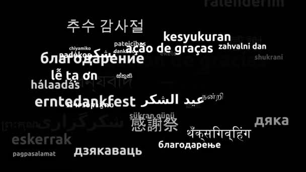 感恩节翻译为42种世界语言无限循环3D缩放沃德云面具 — 图库视频影像