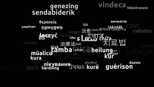 用69种世界语言翻译的治愈方法无限循环3D缩放沃德云掩蔽 — 图库视频影像