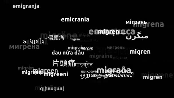 Ημικρανία Μεταφρασμένη Παγκόσμιες Γλώσσες Ατελείωτες Looping Zooming Wordcloud Mask — Αρχείο Βίντεο