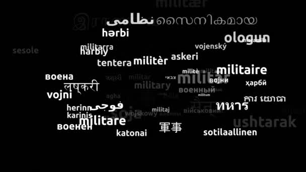 Militär Übersetzt Weltsprachen Endlosschleife Zoomen Wordcloud Maske — Stockvideo
