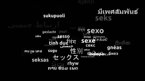 Sex Przetłumaczone Języków Całym Świecie Endless Looping Zooming Wordcloud Mask — Wideo stockowe