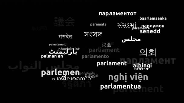 Парламент Перекладений Мовами Світу Нескінченна Петля Збільшення Wordcloud Mask — стокове відео