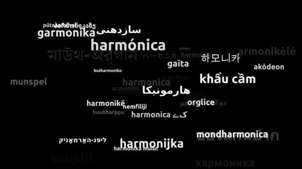 Harmonica Translated Worldwide Languages Endless Looping Zooming Wordcloud Mask — Stock video