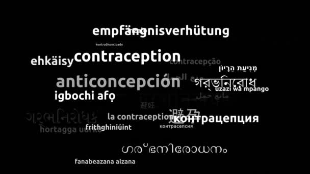 Контрацепція Перекладена Мовами Світу Нескінченна Петля Збільшення Wordcloud Mask — стокове відео