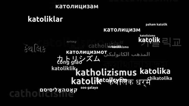 Katolictví Přeloženo Světových Jazycích Nekonečná Smyčka Přiblížení Maska Wordcloud — Stock video