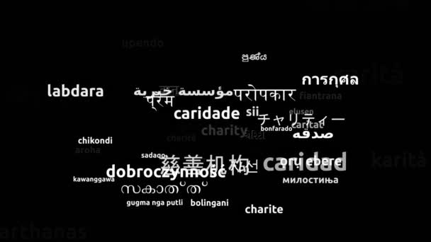 Charita Přeloženo Světových Jazycích Nekonečná Smyčka Přiblížení Wordcloud Maska — Stock video