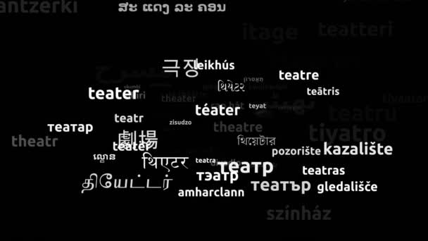 Theatre Translated Worldwide Languages Endless Looping Zooming Wordcloud Mask — Stok Video