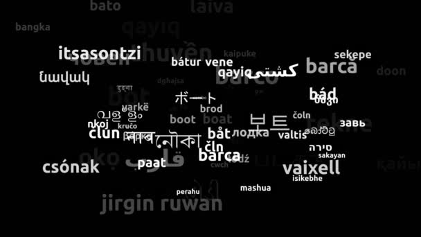 Човен Перекладений Мовами Світу Нескінченна Петля Збільшення Wordcloud Mask — стокове відео