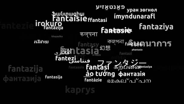 Fantasy Vertaald Wereldwijde Talen Endless Looping Zooming Wordcloud Mask — Stockvideo