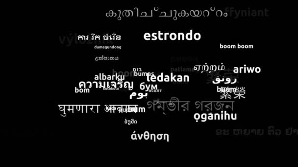 Boom Translated Worldwide Languages Endless Looping Zoom Wordcloud Mask — Stock video