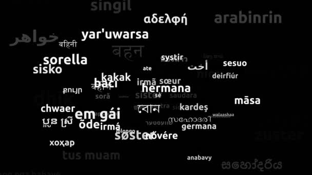 Zuster Vertaald Wereldwijde Talen Endless Looping Zooming Wordcloud Mask — Stockvideo