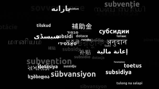 Dotace Přeloženo Světových Jazycích Nekonečná Smyčka Přiblížení Maska Wordcloud — Stock video