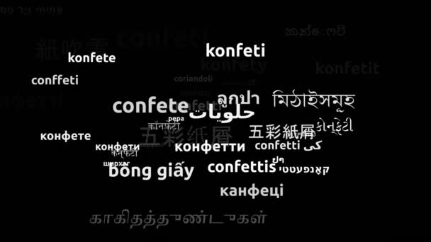 Confetti Перевод Языках Мира Бесконечный Цикл Увеличение Маски Wordcloud — стоковое видео