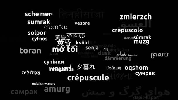Anochecer Traducido Idiomas Mundiales Endless Looping Ampliación Máscara Wordcloud — Vídeo de stock